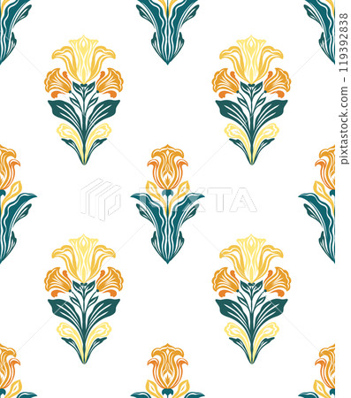 Vector decorative pattern with tracery yellow flowers in row. Texture with ornate blooming irises and lilies on white background. Vector decorative pattern with tracery yellow flowers in row. Texture with ornate blooming irises and lilies on white background. 119392838