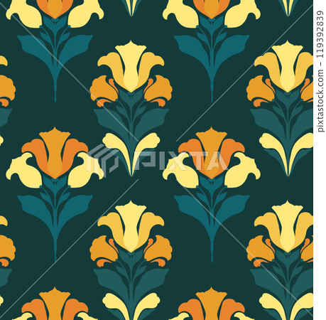 Vector decorative art nouveau pattern with irises, lilies and freesias. Texture with yellow and orange flowers on green background. 119392839