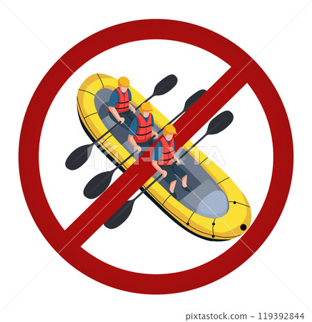 Vector forbidden sign of rafting isolated from background. Prohibited banner of active sport leisure in flat style. Danger of injury Vector forbidden sign of rafting isolated from background. Prohibited banner of active sport leisure in flat style. Danger of injury 119392844
