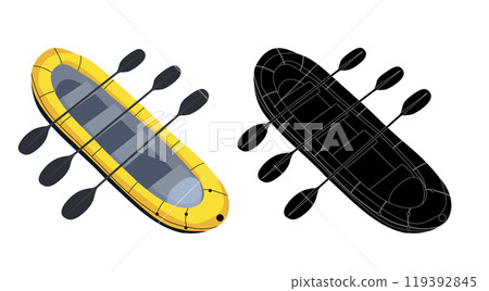 Vector set of black silhouette and colorful illustration of rafting top view isolated from background. Collection of clip arts 119392845