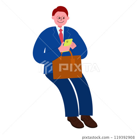 A full-body illustration of a man wearing a suit and glasses sitting and using his smartphone with his bag on his lap 119392908
