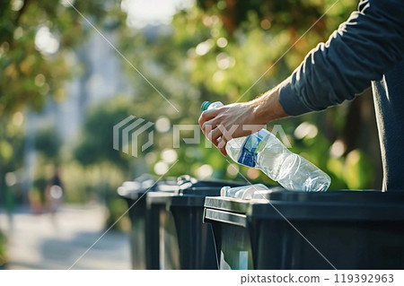 Man recycling plastic bottle in public park trash can 119392963