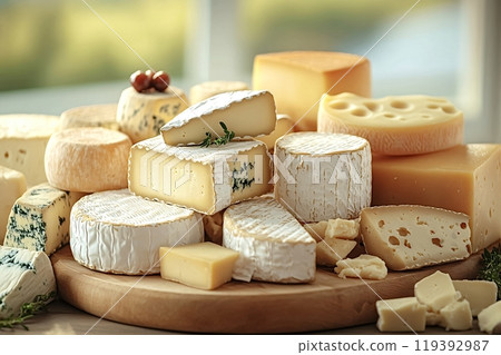 Variety of different cheese types lying on wooden board Variety of different cheese types lying on wooden board 119392987