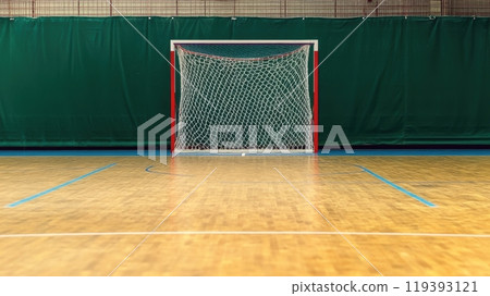 Empty indoor handball court, with goal positioned against green backdrop. Empty indoor handball court, with goal positioned against green backdrop. 119393121