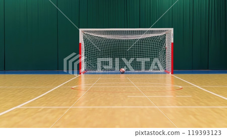 Empty indoor handball court, with goal positioned against green backdrop. Empty indoor handball court, with goal positioned against green backdrop. 119393123