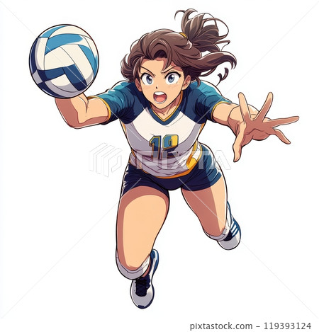 Anime-style illustration of handball player in motion with ball, showing focus and determination during game, isolated on white background Anime-style illustration of handball player in motion with ball, showing focus and determination during game, isolated on white background 119393124
