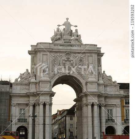 Rua Augusta Arch Monument in Lisbon, Portugal, Captured from Low Angle Under Cloudy Sky Rua Augusta Arch Monument in Lisbon, Portugal, Captured from Low Angle Under Cloudy Sky 119393202
