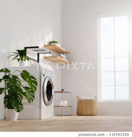 Stylish Eco-Conscious Laundry Room with Natural Light 3D Render Stylish Eco-Conscious Laundry Room with Natural Light 3D Render 119393269