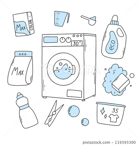 Set of laundry items in doodle style. Linear collection of laundry items. Vector illustration. Isolated elements on a white background. 119393300