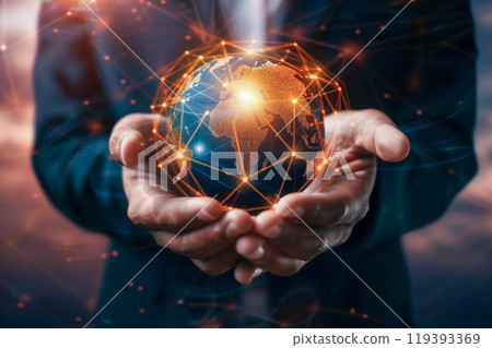 Businessman holding in hand with global connection. 119393369