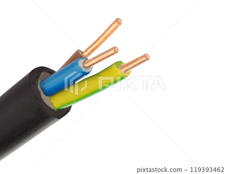 Close up of electrical cable with exposed copper wires Close up of electrical cable with exposed copper wires 119393462