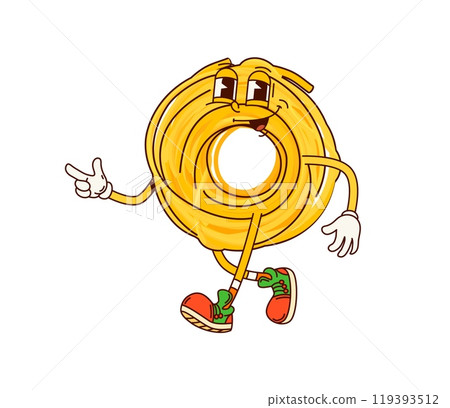 Italian pasta groovy character with cheerful face, retro sneakers and fun, groovy vibe. Cartoon vector capellini noodles roll bringing playful energy to culinary art, food preparation and kids menu 119393512