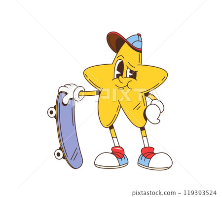 Cartoon retro groovy star character with skateboard. Isolated vector cheerful and confident anthropomorphic yellow twinkle star, cool and laid-back teenager personage wearing baseball cap and sneakers 119393524