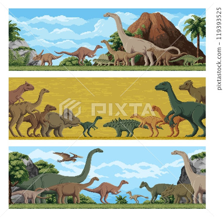 8 bit pixel art dinosaurs and cartoon Jurassic lizards in prehistoric landscape, vector background. 8bit pixel prehistoric lizards, T-rex tyrannosaurus, brontosaurus with pterodactyl and velociraptor 119393525
