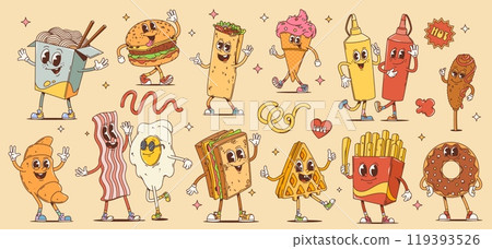 Cartoon fast food and breakfast with desserts retro groovy characters. Cute burger, sandwich and french fries vector personages. Hippie hamburger, ice cream, corn dog, donut, bacon, egg and croissant Cartoon fast food and breakfast with desserts retro groovy characters. Cute burger, sandwich and french fries vector personages. Hippie hamburger, ice cream, corn dog, donut, bacon, egg and croissant 119393526