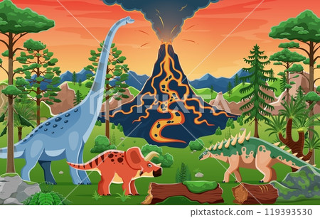 Prehistoric landscape with dinosaurs and volcano in Jurassic forest park, vector background. Cartoon dinosaurs and prehistoric funny dino lizards in prehistoric jungle with volcano lava eruption 119393530