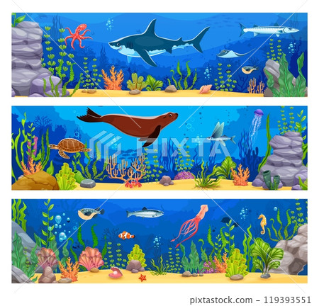 Underwater sea landscape banners with ocean animals. Cartoon undersea world environment with marine creatures. Vector cards with shark, turtle, seal, fish shoal, tropical corals and seaweed plants Underwater sea landscape banners with ocean animals. Cartoon undersea world environment with marine creatures. Vector cards with shark, turtle, seal, fish shoal, tropical corals and seaweed plants 119393551