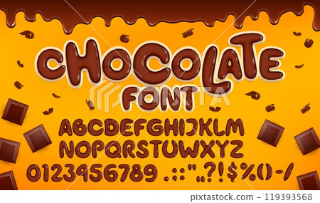 Candy type, chocolate font, brown choco typeface, tasty english alphabet letters and numbers made of melted dark chocolate dessert. Vector typography font with cocoa candy bars and choco curls Candy type, chocolate font, brown choco typeface, tasty english alphabet letters and numbers made of melted dark chocolate dessert. Vector typography font with cocoa candy bars and choco curls 119393568