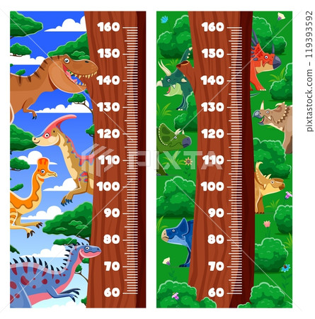 Kids height chart ruler with funny prehistoric dinosaurs. Vector growth meter with cartoon funny dino animal characters in tropical jungle forest. Wall sticker scale for children height measurement 119393592