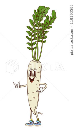 Groovy daikon vegetable retro character with big, expressive eyes and a friendly smile flashing a funky pointing hand gestures. Isolated cartoon vector radish, farm food personage exudes playful vibes 119393593