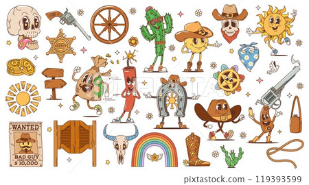 Cartoon retro Western groovy characters. Wild West hippie personages and symbols. Vector cowboy hat, boots, sheriff gun and star, Texas sun, cactus and bull skull, saloon door and wanted poster Cartoon retro Western groovy characters. Wild West hippie personages and symbols. Vector cowboy hat, boots, sheriff gun and star, Texas sun, cactus and bull skull, saloon door and wanted poster 119393599