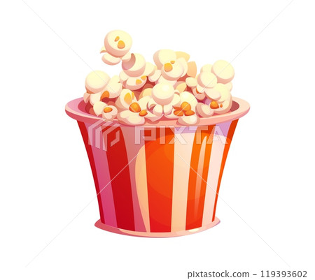 Cartoon popcorn bucket, fast food snack. Isolated vector white and red striped pop corn container with heap of seeds. Paper box with popcorn for cinema or movie theater entertainment, street meal 119393602