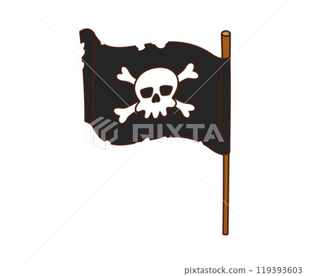 Retro cartoon groovy pirate and corsair black flag with a skull and crossbs, fluttering in the wind. Isolated vector weathered banner with jolly roger, symbolizing adventure, danger and thrill 119393603