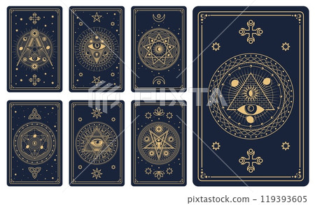 Mystic tarot cards with vector line celestial frames and magic esoteric pattern. Vintage Moon, Sun and stars with hexagram, eye of providence, skull and pentacle occult symbols, tarot cards back set 119393605
