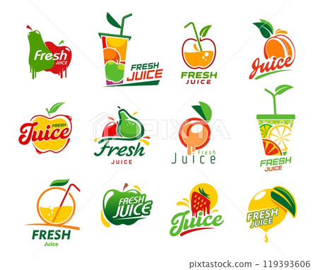 Fresh juice icons, fruit drink and smoothie beverage labels. Vector orange, lemon and lime, apple, strawberry, peach and pear fruits symbols with juice splashes and drops, cups with straws and leaves Fresh juice icons, fruit drink and smoothie beverage labels. Vector orange, lemon and lime, apple, strawberry, peach and pear fruits symbols with juice splashes and drops, cups with straws and leaves 119393606
