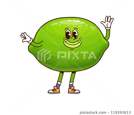 Groovy tropical lime fruit character with a bright smile and playful expression. Isolated cartoon vector cheerful citrus fruit personage evokes feelings of happiness, promotes healthy vitamin foods 119393613