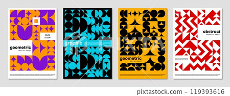 Abstract poster templates with modern geometric shapes pattern, vector backgrounds. Book covers or web banners layout template design of modern minimal simple shapes in retro vintage mosaic elements 119393616