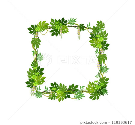 Tropical jungle frame with forest liana branch and leaves. Cartoon vector decorative square border made of lush exotic foliage and entwined vines for nature-inspired game menu or photo portrait 119393617