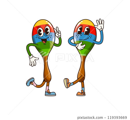 Cartoon maracas groovy musical instrument characters pair. Isolated vector mexican percussion rattle personages dancing during Fiesta or Cinco de Mayo Latin party celebration exuding retro funky vibes 119393669