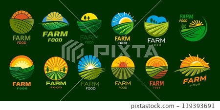 Agriculture farm food icons with green field, sun and sky. Vector rural landscape with crop plants and garden trees of organic farm badges set. Round and leaf shaped labels for farmer market eco food 119393691