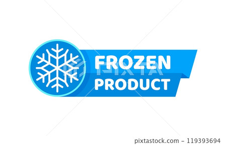 Blue frozen cold product icon, ice crystal label and badge with snowflake. Vector emblem or sticker for cold storage, freezer or items that are stored or sold in a frozen state in the food industry 119393694