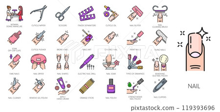 Nail manicure service color line icons. Vector outline nail polish and hand care tools, beauty and spa salon fingernail clipper, file and scissors, cuticle nipper, pusher and oil isolated signs 119393696