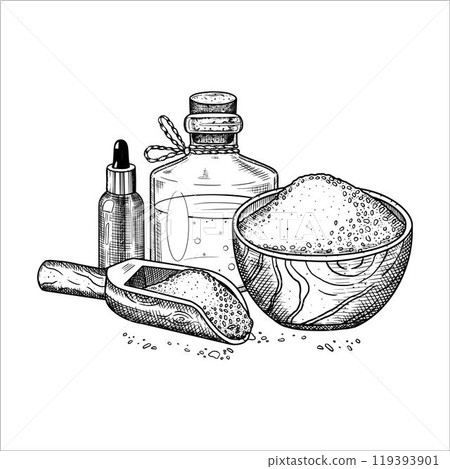 Spa composition with mortar with salt, bottles. Hand drawn vector illustration Spa composition with mortar with salt, bottles. Hand drawn vector illustration 119393901