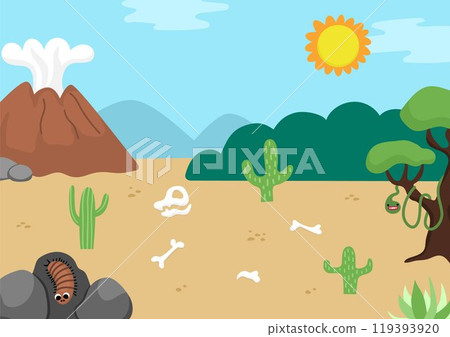Vector empty nature landscape illustration. Cute flat scenery with sun, desert, volcano. Outdoor plane or clearing scene with stones, bones, skull. Dinosaur background for kids with mountains, cactus 119393920