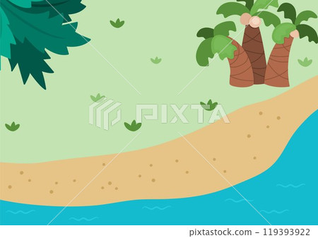 Vector empty nature landscape illustration. Cute flat top view scenery with palm trees, beach, plants. Outdoor tropical or vacation summer scene. Dinosaur background for kids with sea, ocean edge Vector empty nature landscape illustration. Cute flat top view scenery with palm trees, beach, plants. Outdoor tropical or vacation summer scene. Dinosaur background for kids with sea, ocean edge 119393922