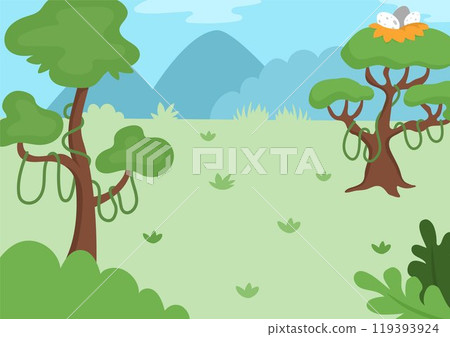 Vector empty nature landscape illustration. Cute flat scenery with trees, liana, nest, egg, forest. Outdoor African scene with greenery. Dinosaur background for kids with mountains 119393924