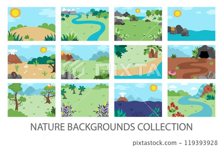 Vector empty nature landscape illustration set. Cute flat scenery collection with sun, meadow, mountains, forest, plants. Outdoor plane or clearing scenes. Dinosaur backgrounds for kids Vector empty nature landscape illustration set. Cute flat scenery collection with sun, meadow, mountains, forest, plants. Outdoor plane or clearing scenes. Dinosaur backgrounds for kids 119393928