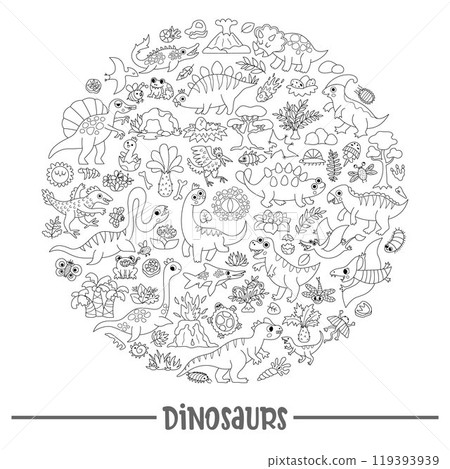 Vector black and white dinosaur round line frame with Pterodactyl, Stegosaurus, Triceratops, T-Rex. Prehistoric animal card template design. Dino party coloring page for kids Vector black and white dinosaur round line frame with Pterodactyl, Stegosaurus, Triceratops, T-Rex. Prehistoric animal card template design. Dino party coloring page for kids 119393939