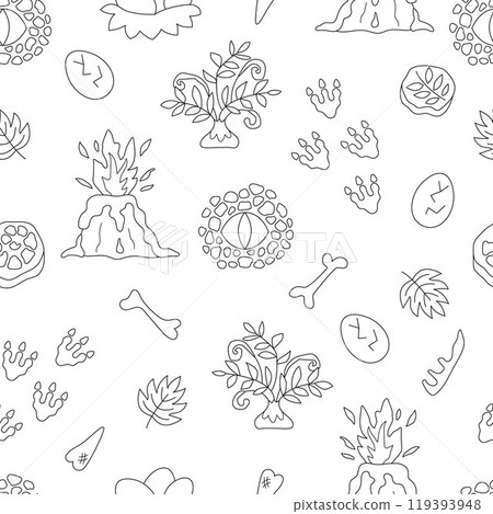 Vector black and white dinosaur seamless pattern. Line prehistoric animal symbols repeat background. Dino digital paper or coloring page with volcano, footprints, bones, egg, eye for kids Vector black and white dinosaur seamless pattern. Line prehistoric animal symbols repeat background. Dino digital paper or coloring page with volcano, footprints, bones, egg, eye for kids 119393948