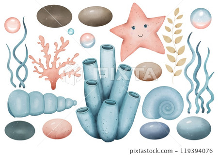 Set with starfish, algae, corals, shells, pebbles. Underwater world. Hand drawn watercolor illustration 119394076
