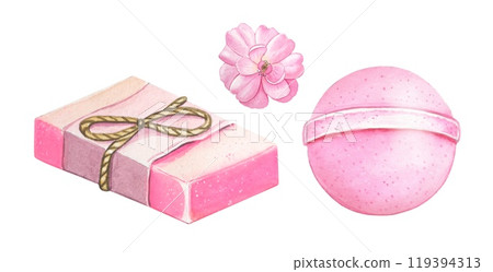 Handmade pink soap, bath bomb, rose. Watercolor illustration on white background Handmade pink soap, bath bomb, rose. Watercolor illustration on white background 119394313