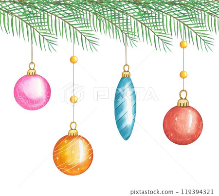 Border with Christmas tree toys. Hand draw watercolor illustration. For invitation, postcard, decoration design 119394321