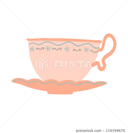 Delicate teacup with pastel colors and floral pattern. Perfect for kitchen decor, cozy morning coffee moments, or vintage-inspired tableware designs 119394670
