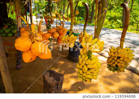 Road side fruit stall selling banana and other fruits 119394686