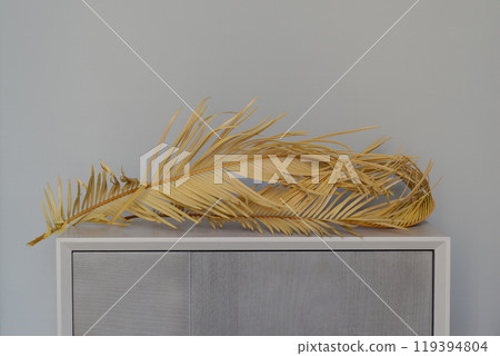 Dried palm branches. Summer vibes. Relaxed lifestyle on the coast. Close to nature. Natural textures. 119394804