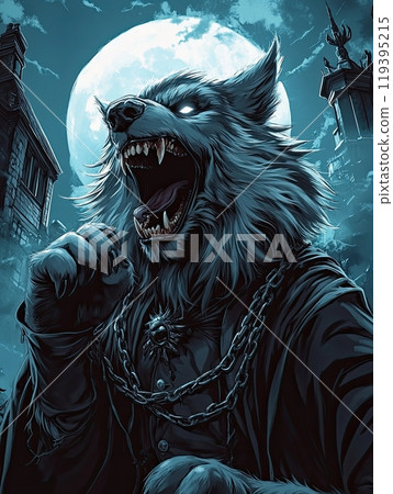Halloween evil werewolf with long silver fur, laughing and wearing black robes and chains around its nec 119395215
